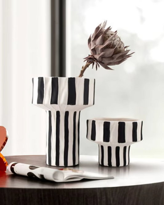 Modern Black & White Stripe Ceramic Vase