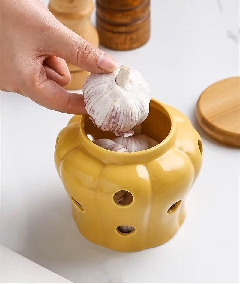 Ceramic Garlic Keeper with Bamboo Lid