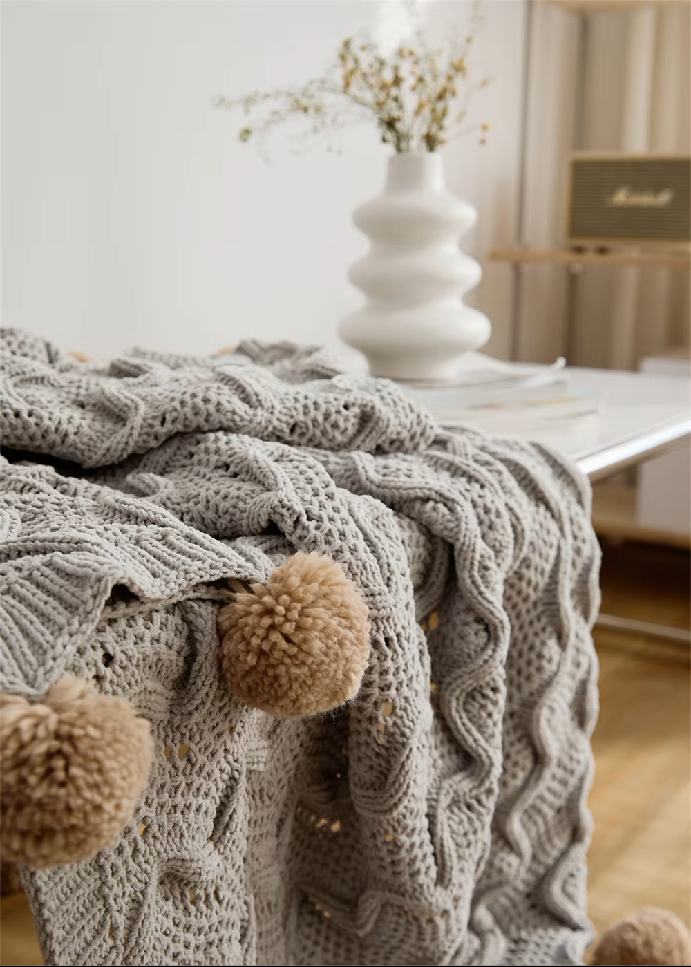 Pompons Chenille Knitted Blanket