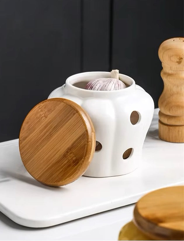 Ceramic Garlic Keeper with Bamboo Lid